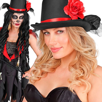 CAPPELLO A CILINDRO NERO CON TULLE E ROSA ROSSA