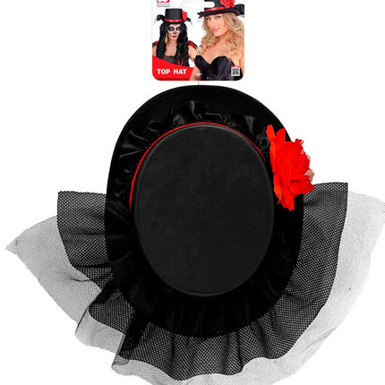 CAPPELLO A CILINDRO NERO CON TULLE E ROSA ROSSA