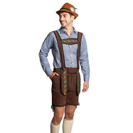 Lederhose marrone scuro corto + camicetta blu