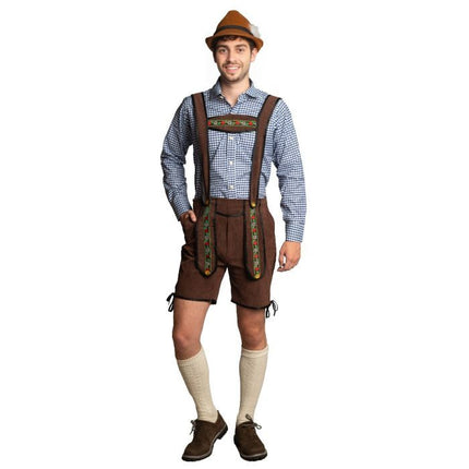 Lederhose marrone scuro corto + camicetta blu