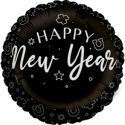 Palloncino ad elio "Happy New Year" nero e argento, vuoto, 45 cm