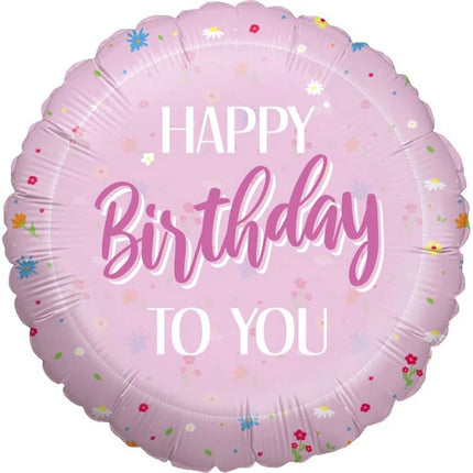 Palloncino ad elio "Happy Birthday" rosa, rotondo, vuoto, 45 cm