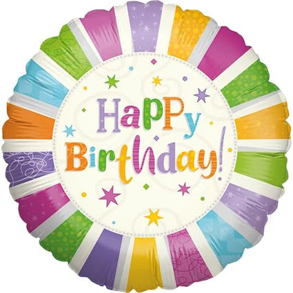 Palloncino ad elio "Buon compleanno" a strisce colorate, 45 cm