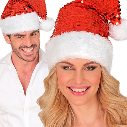 CAPPELLO DI BABBO NATALE IN PELUCHE E PAILLETTES ROSSO