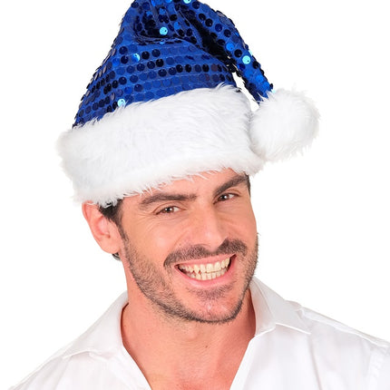 CAPPELLO DI BABBO NATALE IN PELUCHE E PAILLETTES BLU