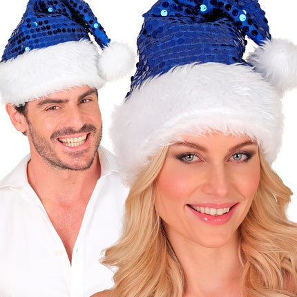 CAPPELLO DI BABBO NATALE IN PELUCHE E PAILLETTES BLU
