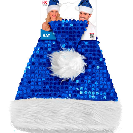 CAPPELLO DI BABBO NATALE IN PELUCHE E PAILLETTES BLU