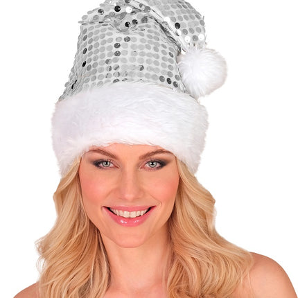 CAPPELLO DI BABBO NATALE IN PELUCHE E PAILLETTES ARGENTO