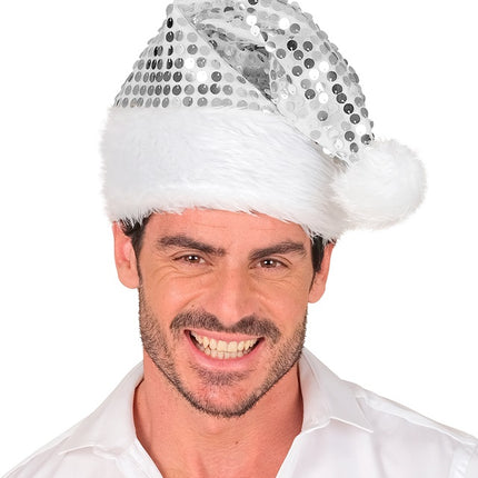CAPPELLO DI BABBO NATALE IN PELUCHE E PAILLETTES ARGENTO