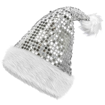 CAPPELLO DI BABBO NATALE IN PELUCHE E PAILLETTES ARGENTO
