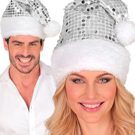 CAPPELLO DI BABBO NATALE IN PELUCHE E PAILLETTES ARGENTO