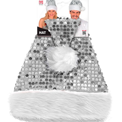 CAPPELLO DI BABBO NATALE IN PELUCHE E PAILLETTES ARGENTO