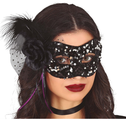 Maschera occhi nera con paillettes floreali