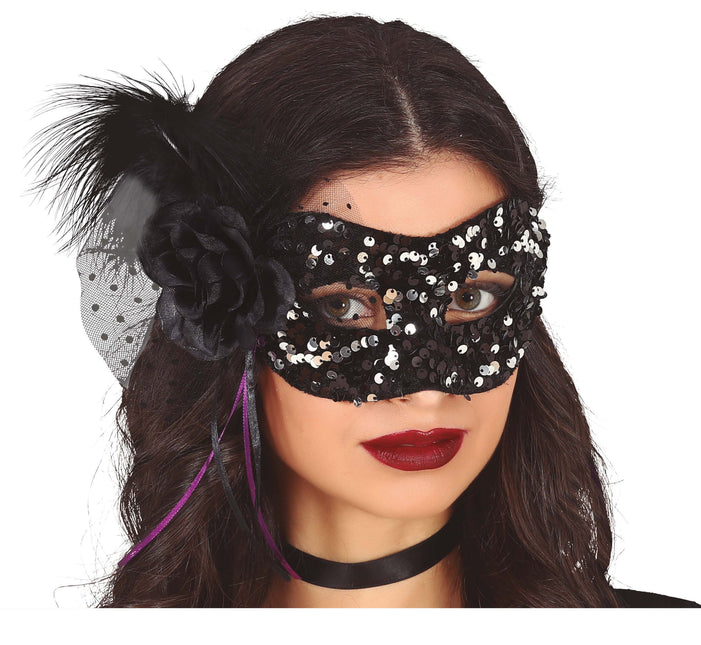 Maschera occhi nera con paillettes floreali