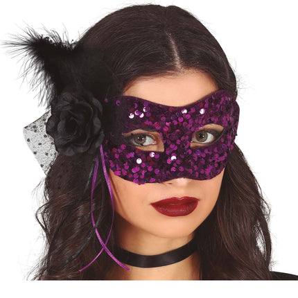Maschera occhi viola con lustrini floreali