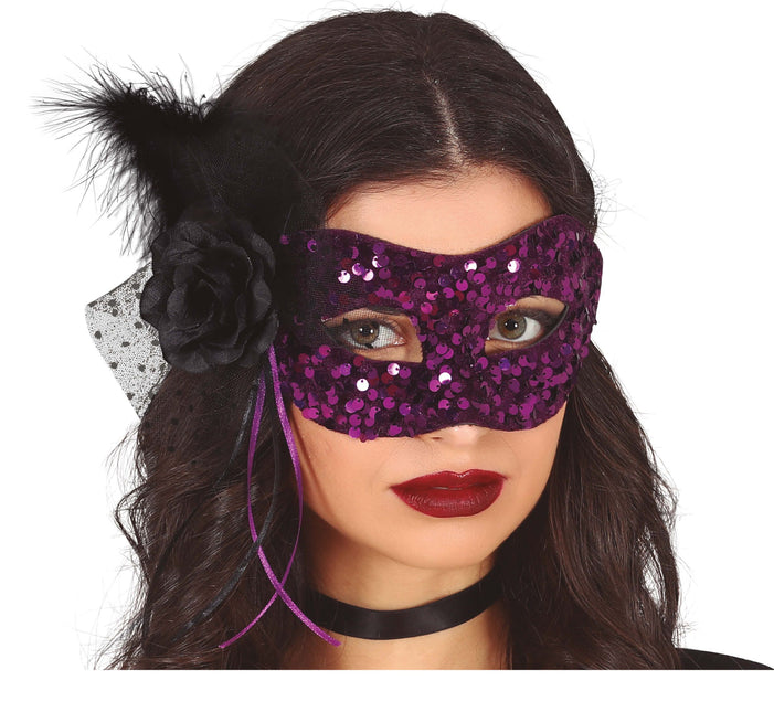 Maschera occhi viola con lustrini floreali
