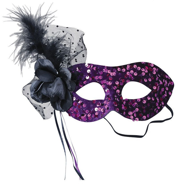 Maschera occhi viola con lustrini floreali