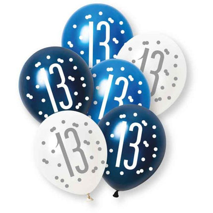 13 Jaar Ballonnen Blauw Wit 30cm 6st van Unique koop je bij Partywinkel