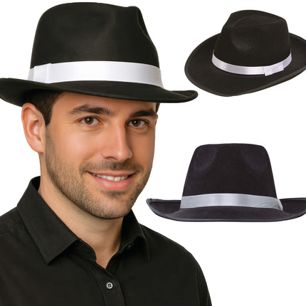 Cappello da gangster nero con nastro bianco