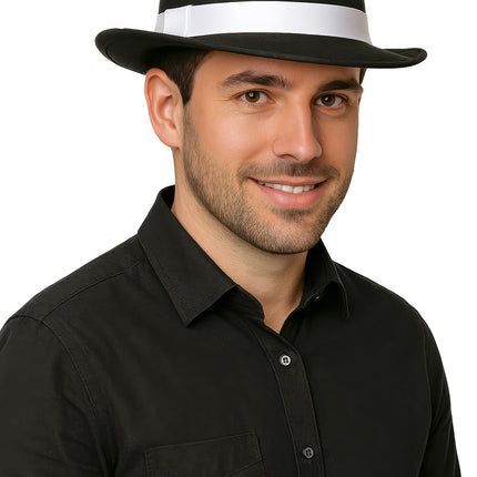 Cappello da gangster nero con nastro bianco