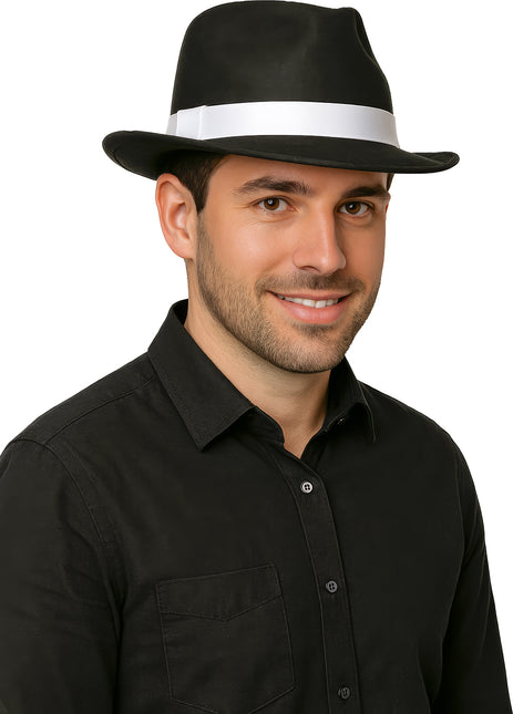 Cappello da gangster nero con nastro bianco