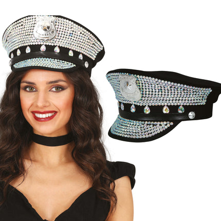 Cappellino da poliziotto nero con glitter argentati