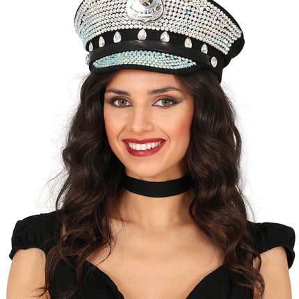 Cappellino da poliziotto nero con glitter argentati