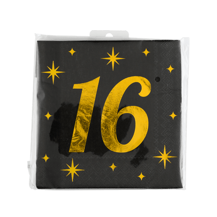 16 Jaar Servetten Zwart Goud 19cm 16st - Partywinkel - 8716764237997