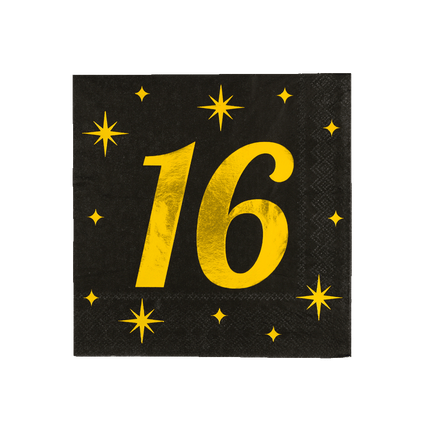 16 Jaar Servetten Zwart Goud 19cm 16st - Partywinkel - 8716764237997