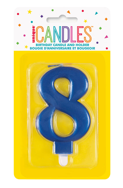 Candela di compleanno numero 8 blu metallizzato
