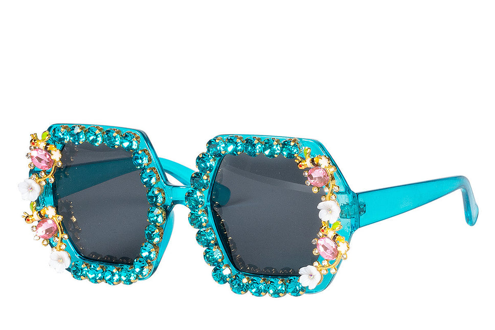 Occhiali blu con fiori di strass