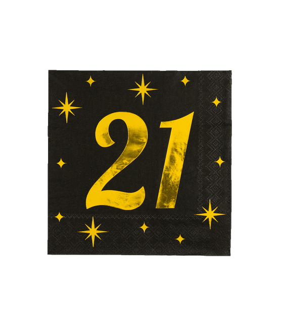 21 Jaar Servetten Zwart Goud 19cm 16st - Partywinkel - 8716764238116
