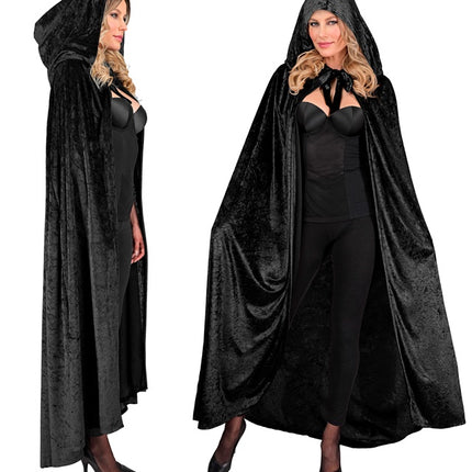 MANTELLA IN VELLUTO NERO CON CAPPUCCIO 140 CM