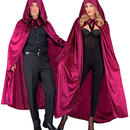 MANTELLA IN VELLUTO BORDEAUX CON CAPPUCCIO 140 CM