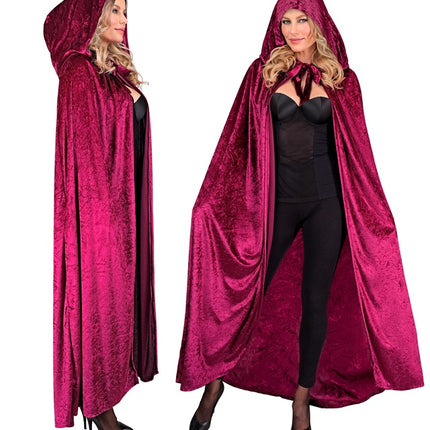 MANTELLA IN VELLUTO BORDEAUX CON CAPPUCCIO 140 CM