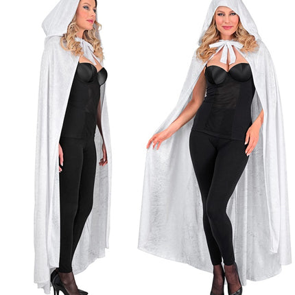 MANTELLA IN VELLUTO BIANCO CON CAPPUCCIO 140 CM