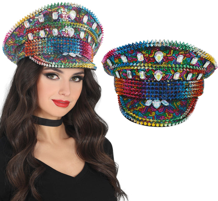 Cappello della polizia arcobaleno con borchie