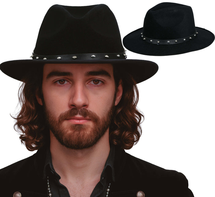 Cappello da cowboy in feltro nero con borchie, per adulti