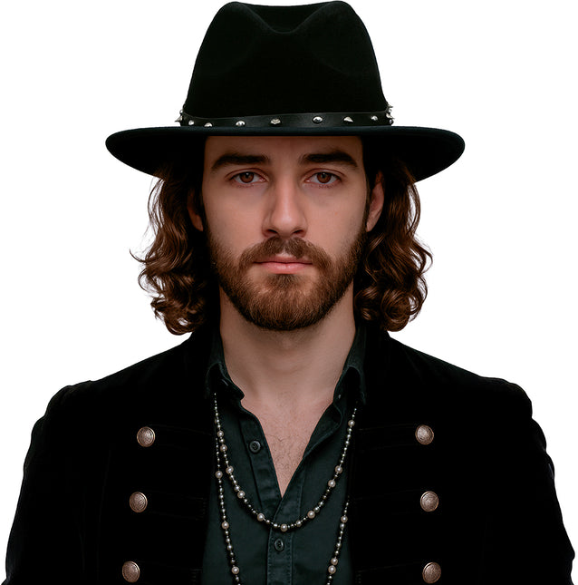 Cappello da cowboy in feltro nero con borchie, per adulti