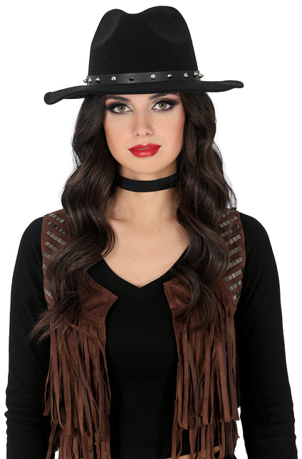 Cappello da cowboy in feltro nero con borchie, per adulti