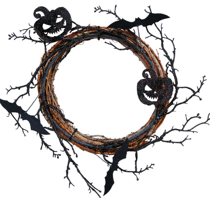 Corona di Halloween con zucche e pipistrelli 30 cm