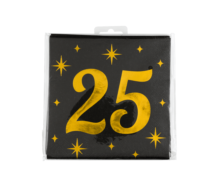 25 Jaar Servetten Zwart Goud 19cm 16st - Partywinkel - 8716764238024