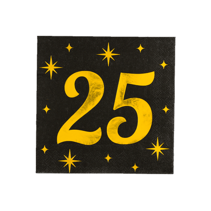 25 Jaar Servetten Zwart Goud 19cm 16st - Partywinkel - 8716764238024