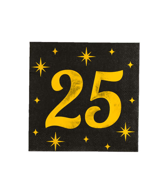 25 Jaar Servetten Zwart Goud 19cm 16st - Partywinkel - 8716764238024