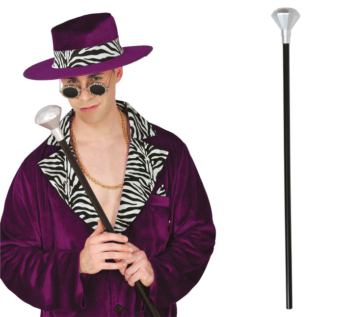 Bastone da passeggio in argento nero con pomello a diamante 85 cm