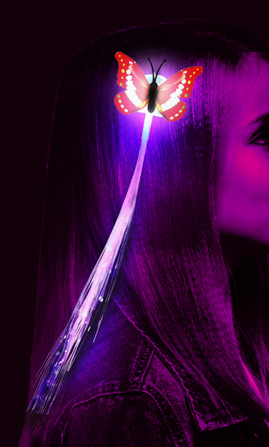 33 cm di fibra ottica, led, ciuffo con farfalla