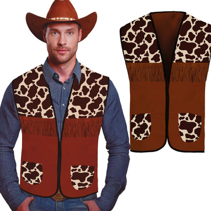 Gilet da cowboy marrone da uomo con stampa mucca