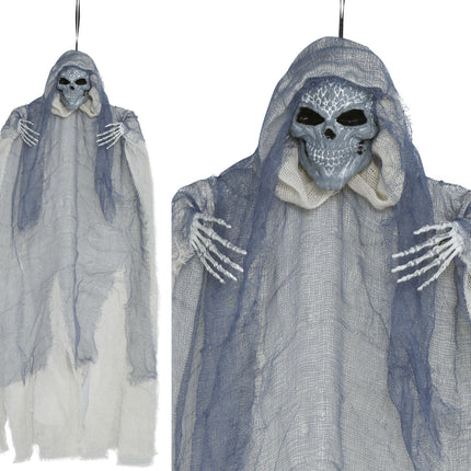 Bambola di Halloween scheletro grigio con mantello
