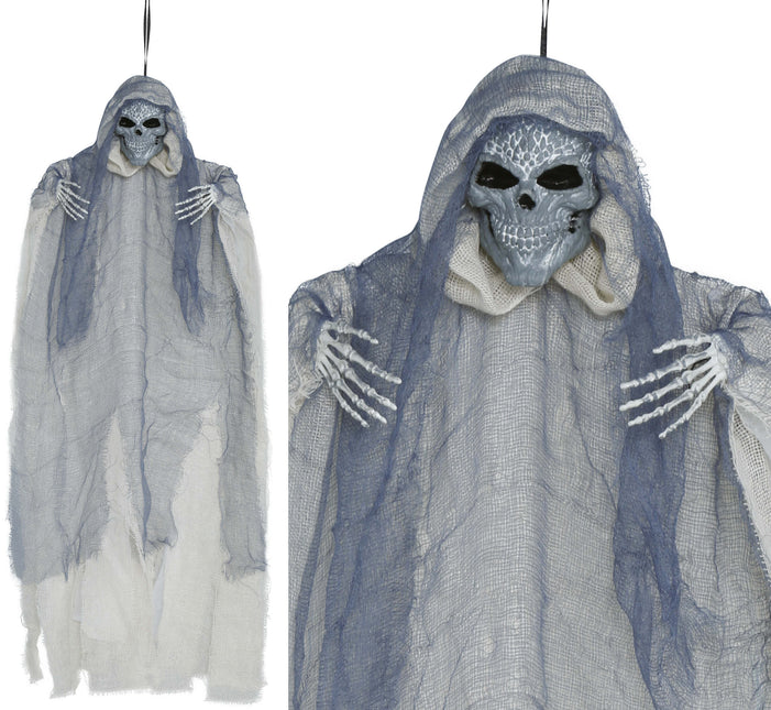 Bambola di Halloween scheletro grigio con mantello