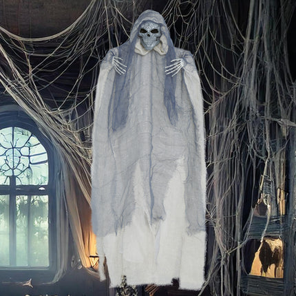 Bambola di Halloween scheletro grigio con mantello